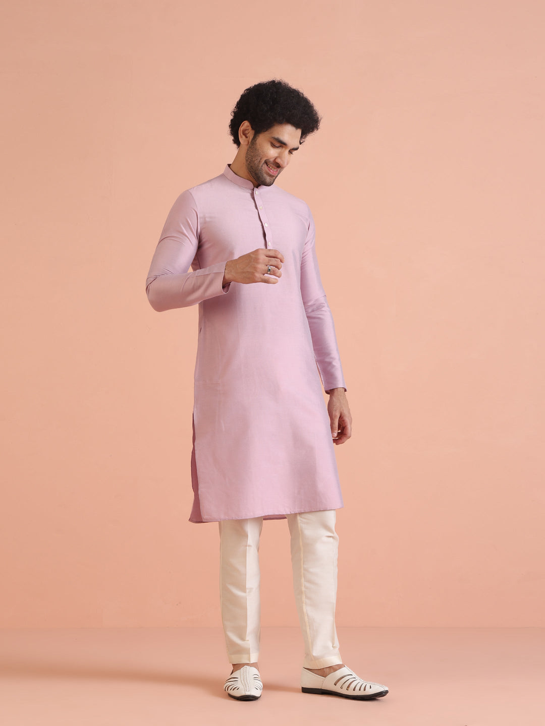 Kisah Men’s Light Pink Cotton Silk Kurta Trouser Set – Solid Ethnic Outfit – Festive Minimal Wear | SHOBITAM