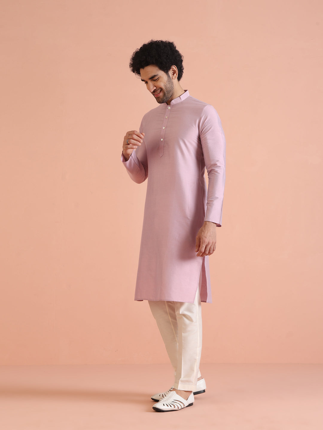 Light Pink Cotton Silk Plain Kurta | SHOBITAM