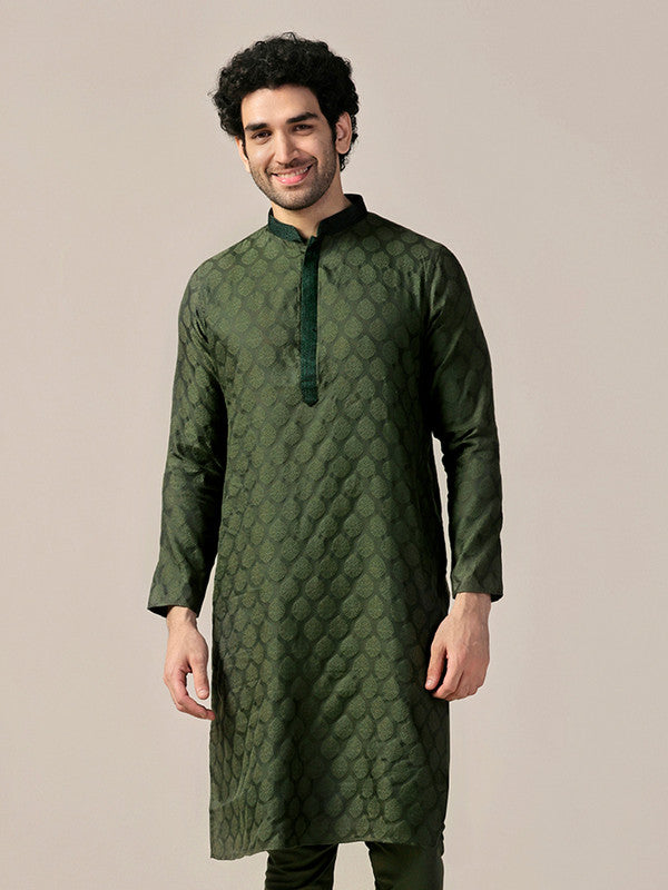 Bottle Green Silk Jacquard Kurta | SHOBITAM