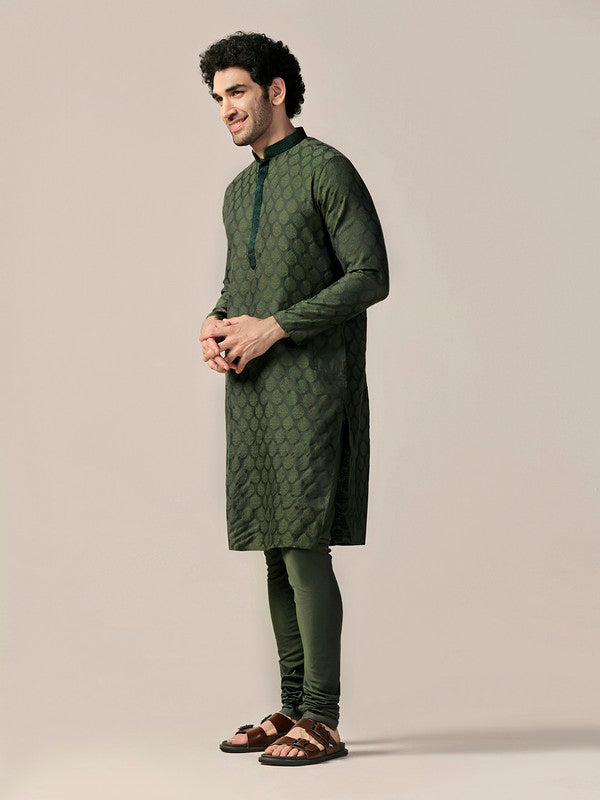 Bottle Green Silk Jacquard Kurta | SHOBITAM