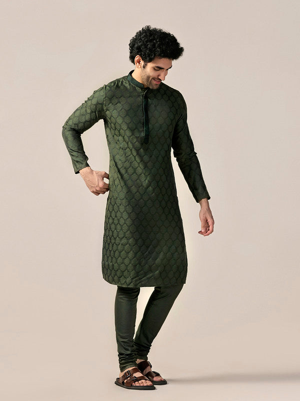 Bottle Green Silk Jacquard Kurta | SHOBITAM