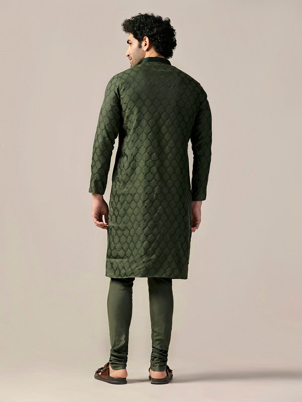 Bottle Green Silk Jacquard Kurta | SHOBITAM