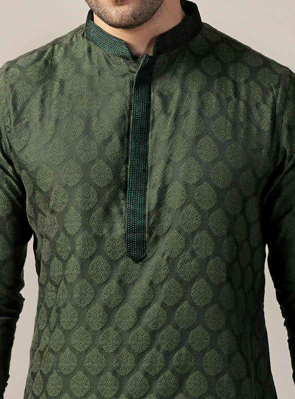 Bottle Green Silk Jacquard Kurta | SHOBITAM
