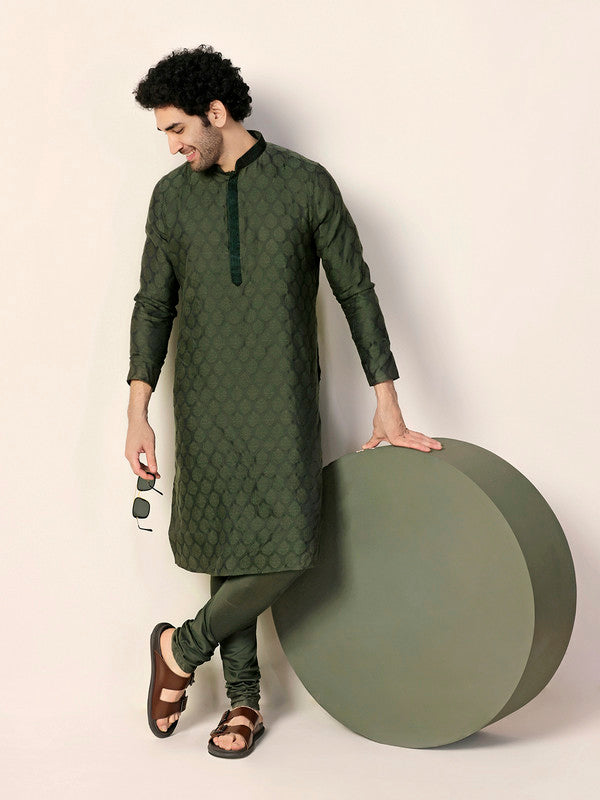 Bottle Green Silk Jacquard Kurta | SHOBITAM