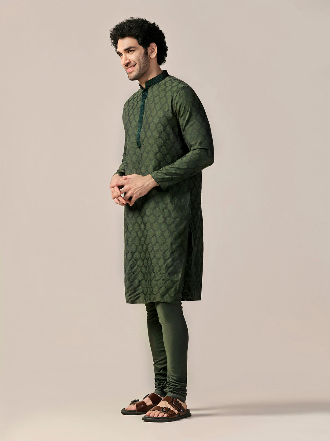 Men Olive Kurta Churidar Set | SHOBITAM