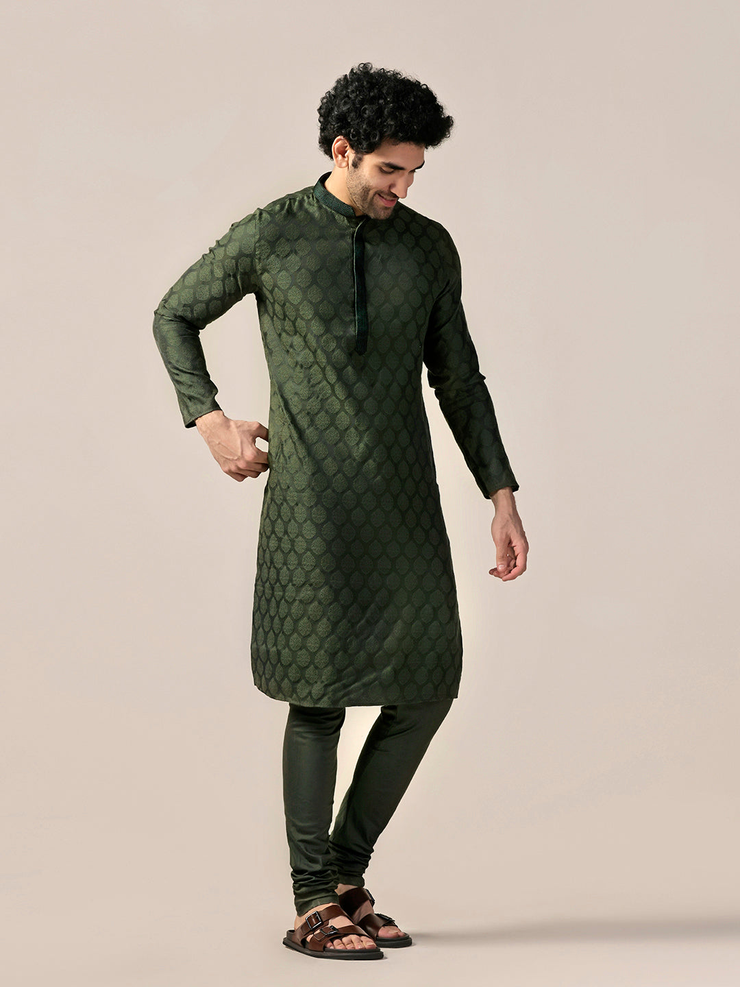 Men Olive Kurta Churidar Set | SHOBITAM