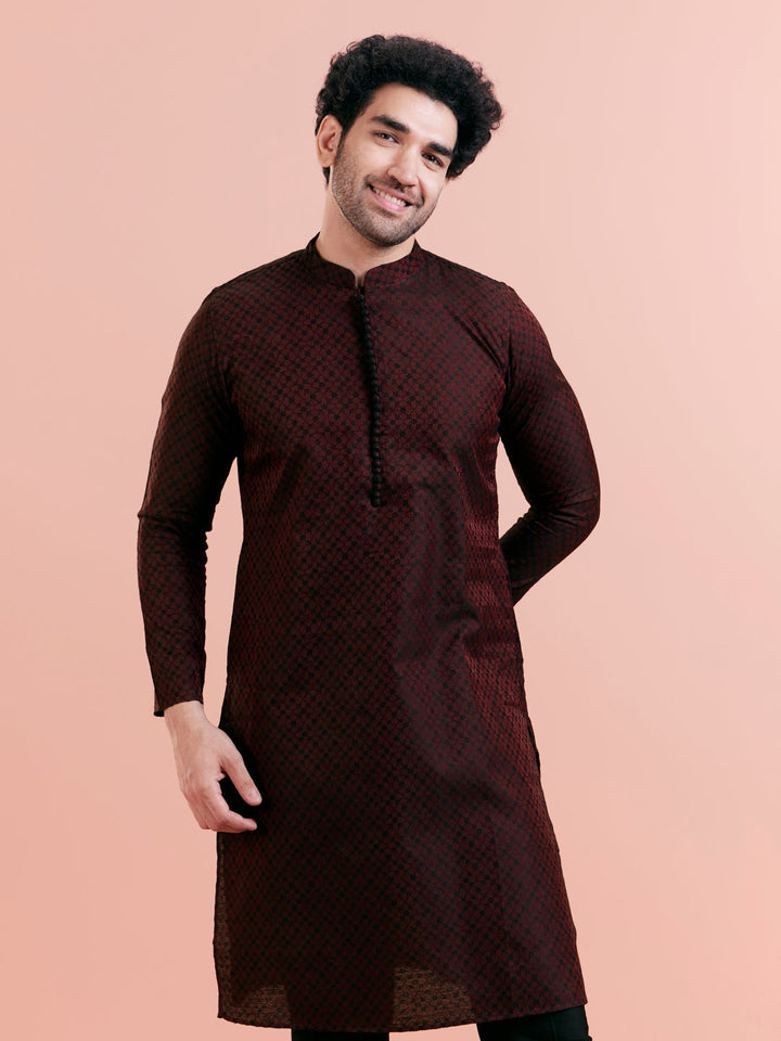 Maroon Silk Blend Woven Long Kurta | SHOBITAM