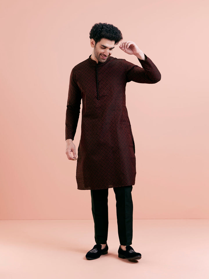 Maroon Silk Blend Woven Long Kurta | SHOBITAM