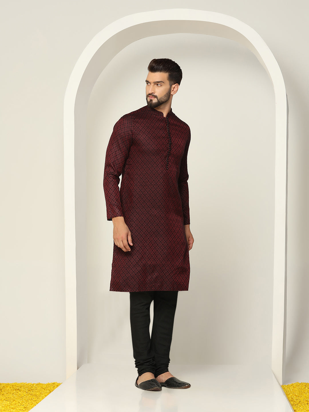 Maroon Art Silk Textured Kurta Churidar Set | SHOBITAM