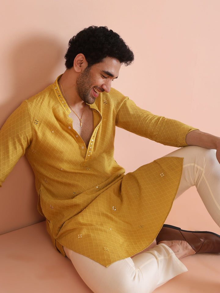 Golden Yellow Silk Mirror Work Kurta | SHOBITAM