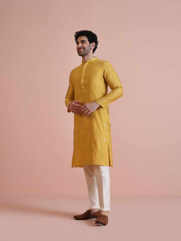 Golden Yellow Silk Mirror Work Kurta | SHOBITAM