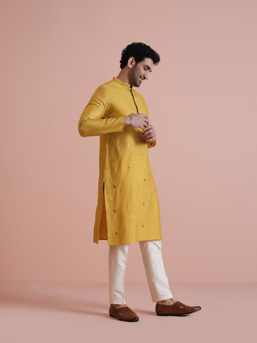 Golden Yellow Silk Mirror Work Kurta | SHOBITAM