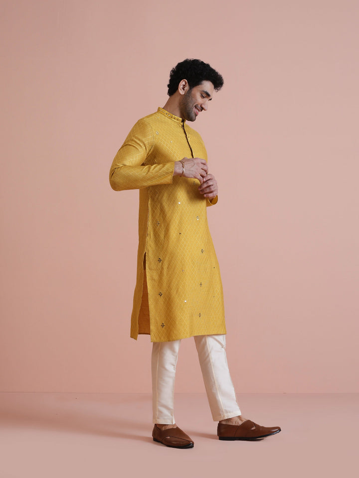 Golden Yellow Silk Mirror Work Kurta | SHOBITAM