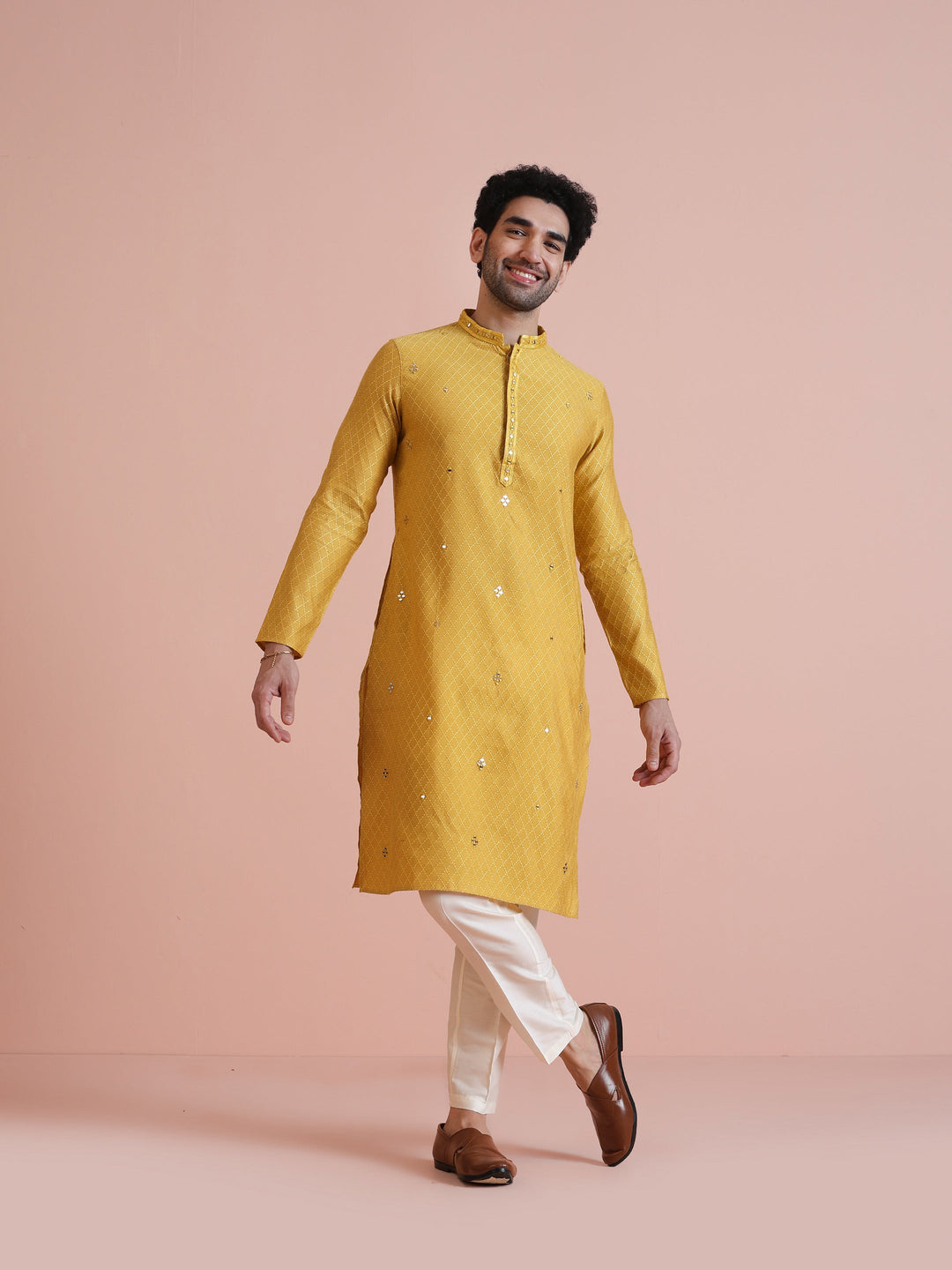 Golden Yellow Silk Mirror Work Kurta | SHOBITAM