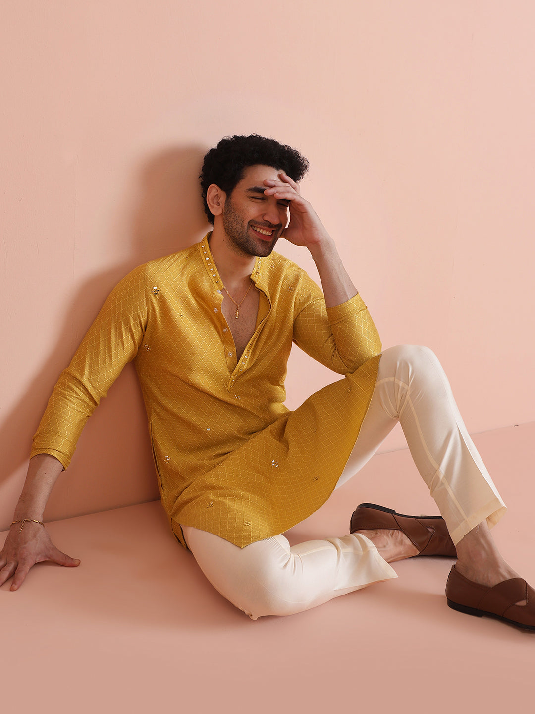 Golden Yellow Silk Mirror Work Kurta | SHOBITAM