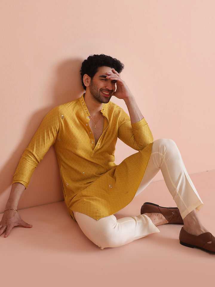 Golden Yellow Silk Mirror Work Kurta | SHOBITAM