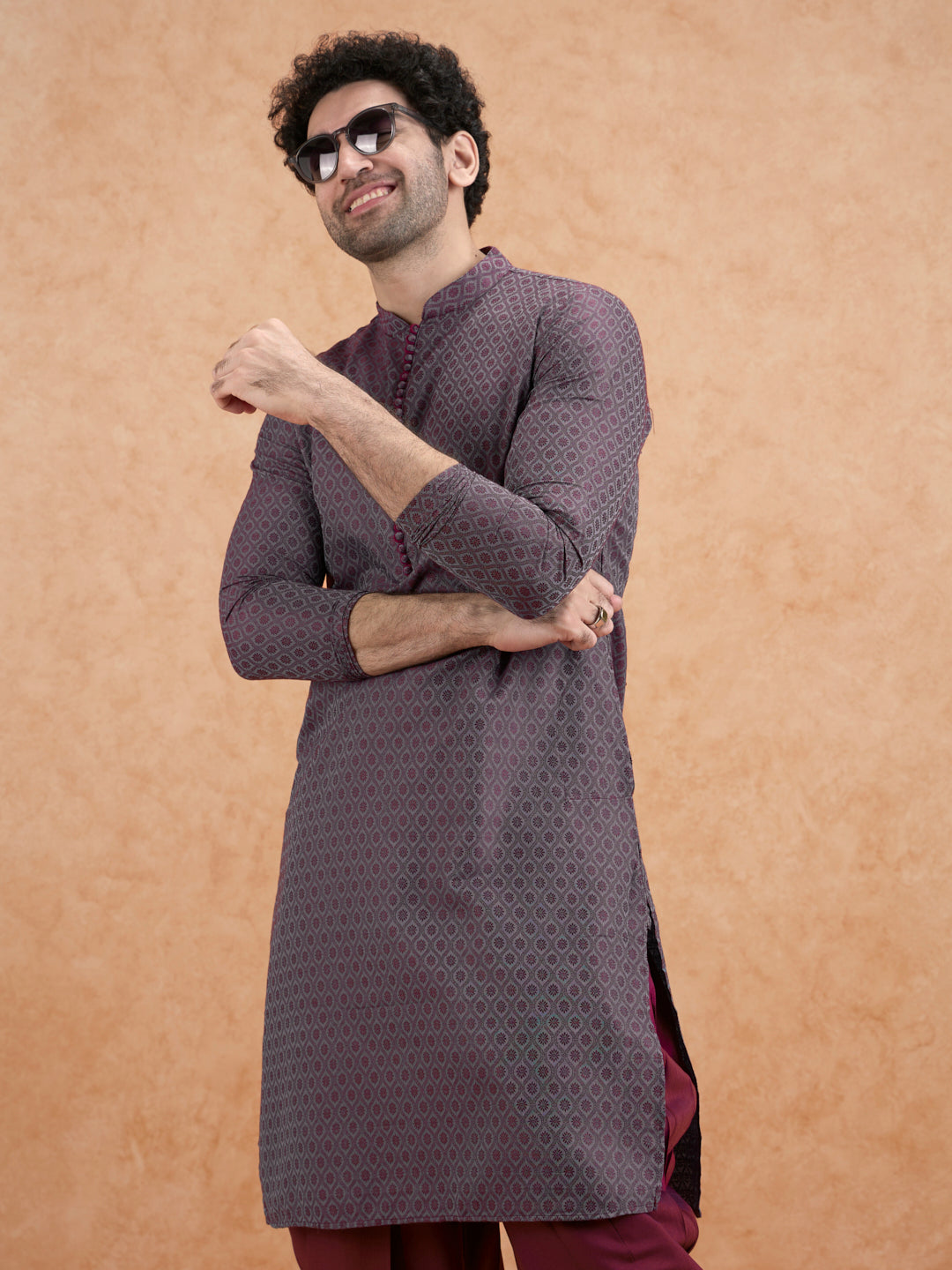 Maroon Silk Blend Geometric Long Kurta | SHOBITAM