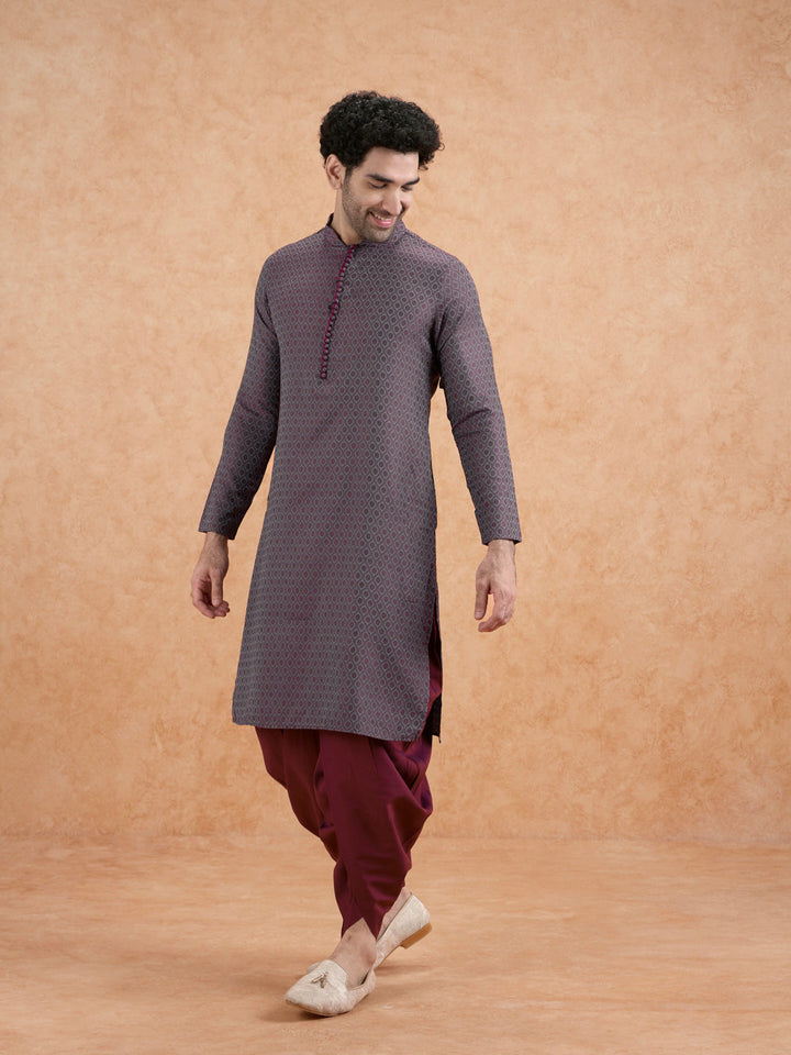 Maroon Silk Blend Geometric Long Kurta | SHOBITAM