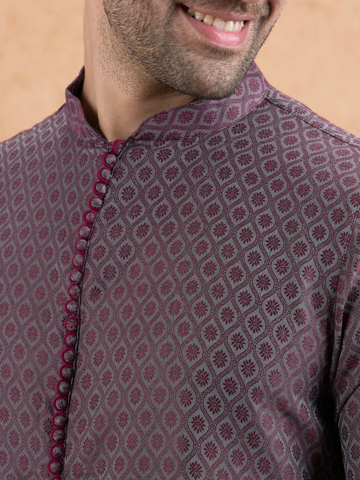 Maroon Silk Blend Geometric Long Kurta | SHOBITAM