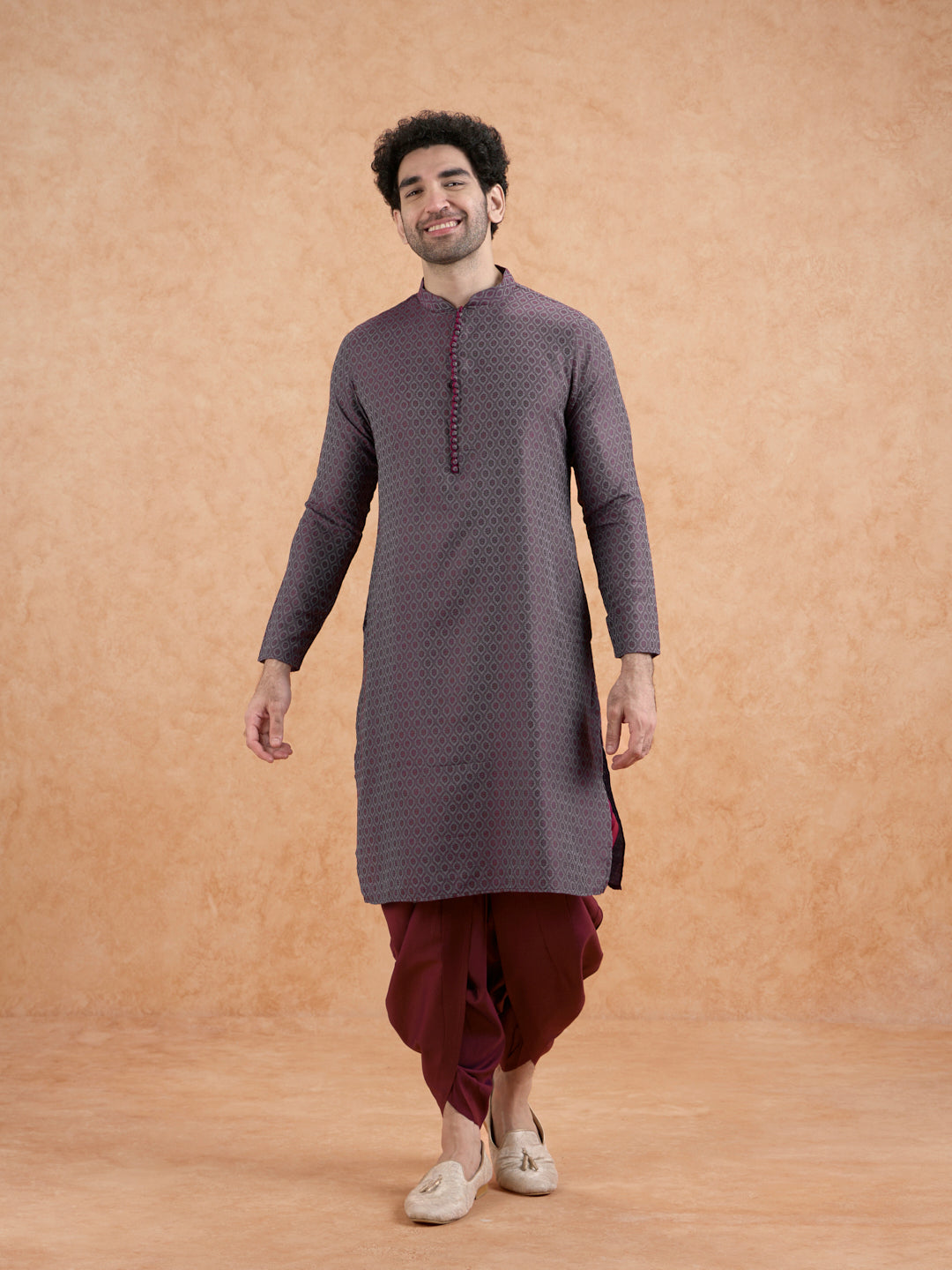 Maroon Silk Blend Geometric Long Kurta | SHOBITAM