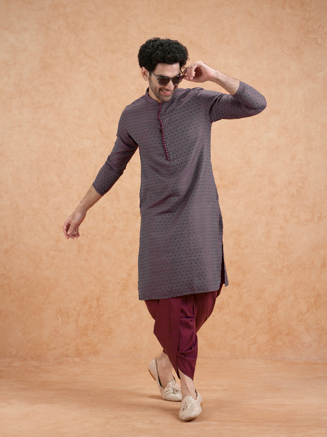 Maroon Silk Blend Geometric Long Kurta | SHOBITAM