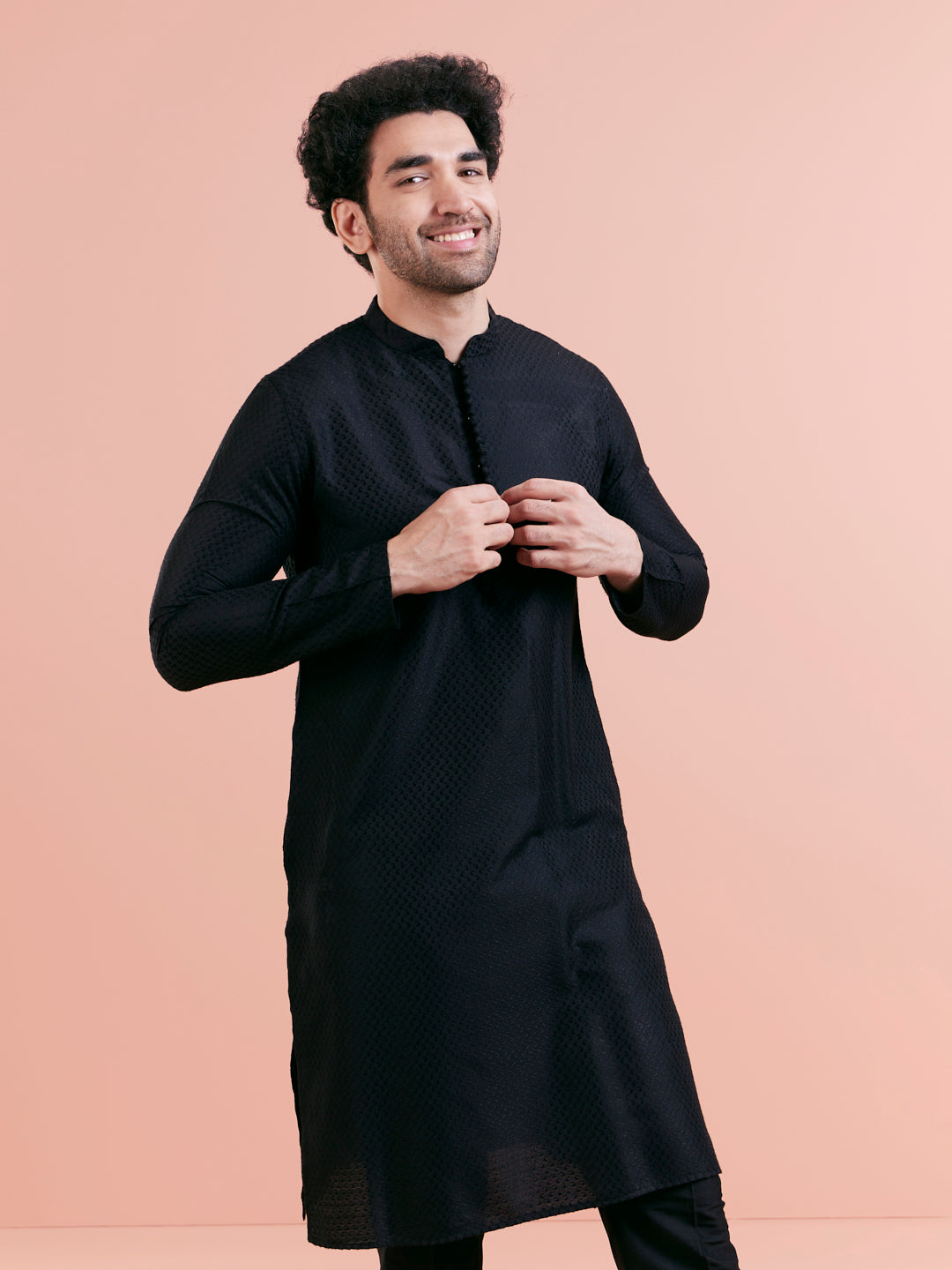 Black Cotton Self Textured Long Kurta | SHOBITAM