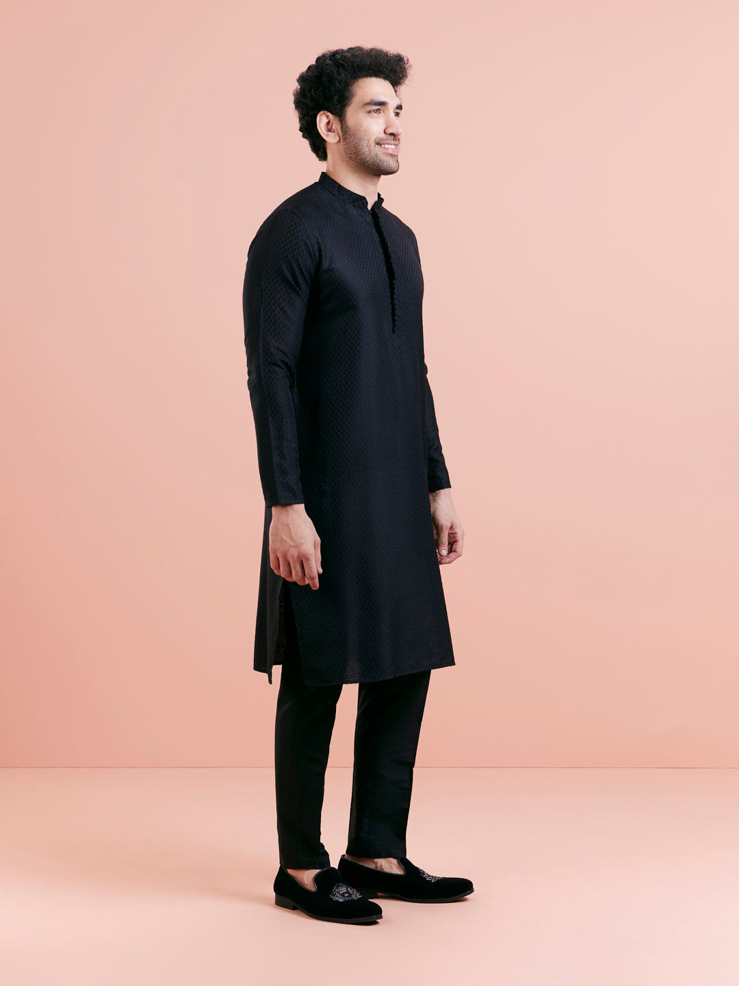 Black Cotton Self Textured Long Kurta | SHOBITAM