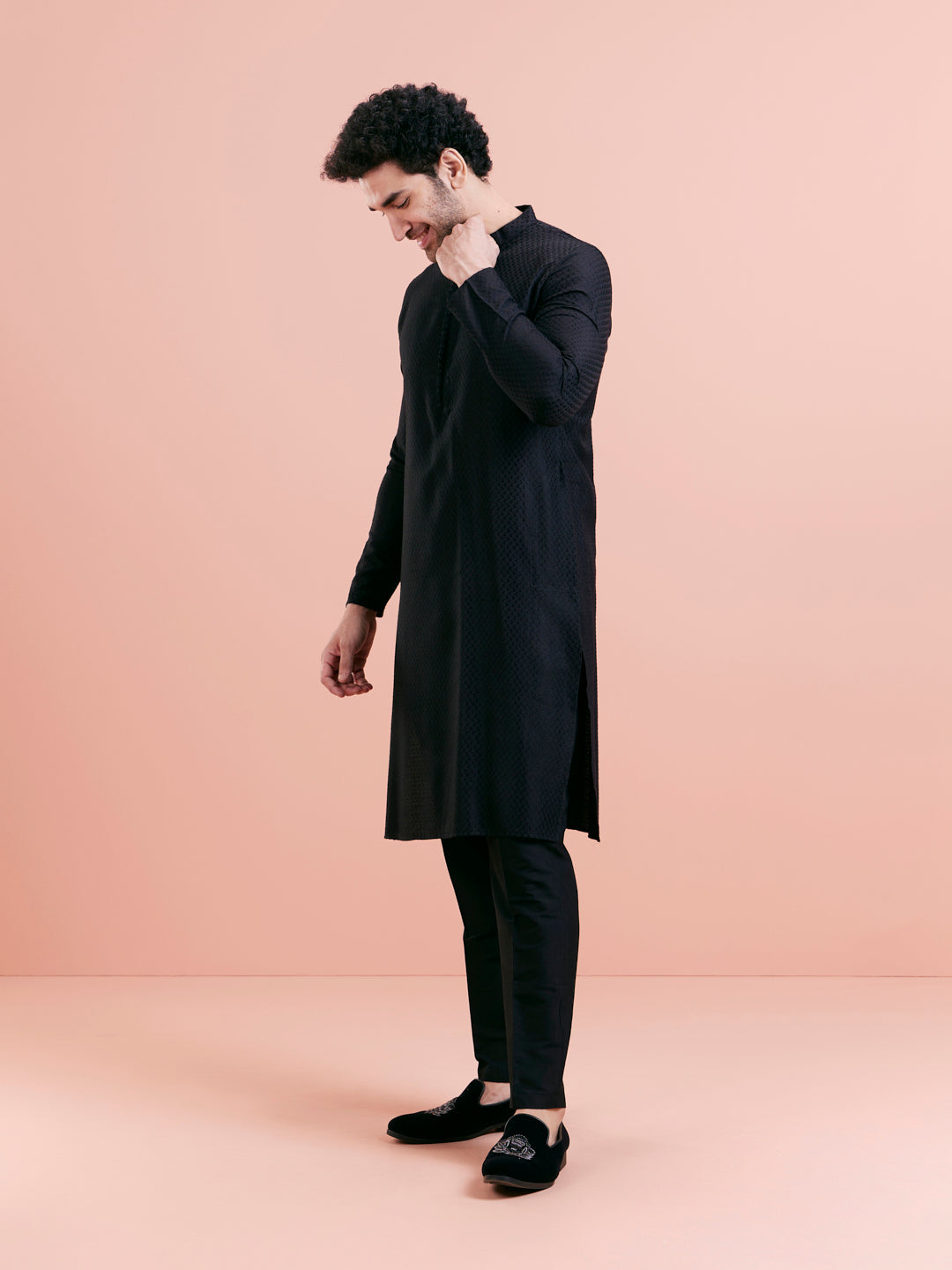 Black Cotton Self Textured Long Kurta | SHOBITAM