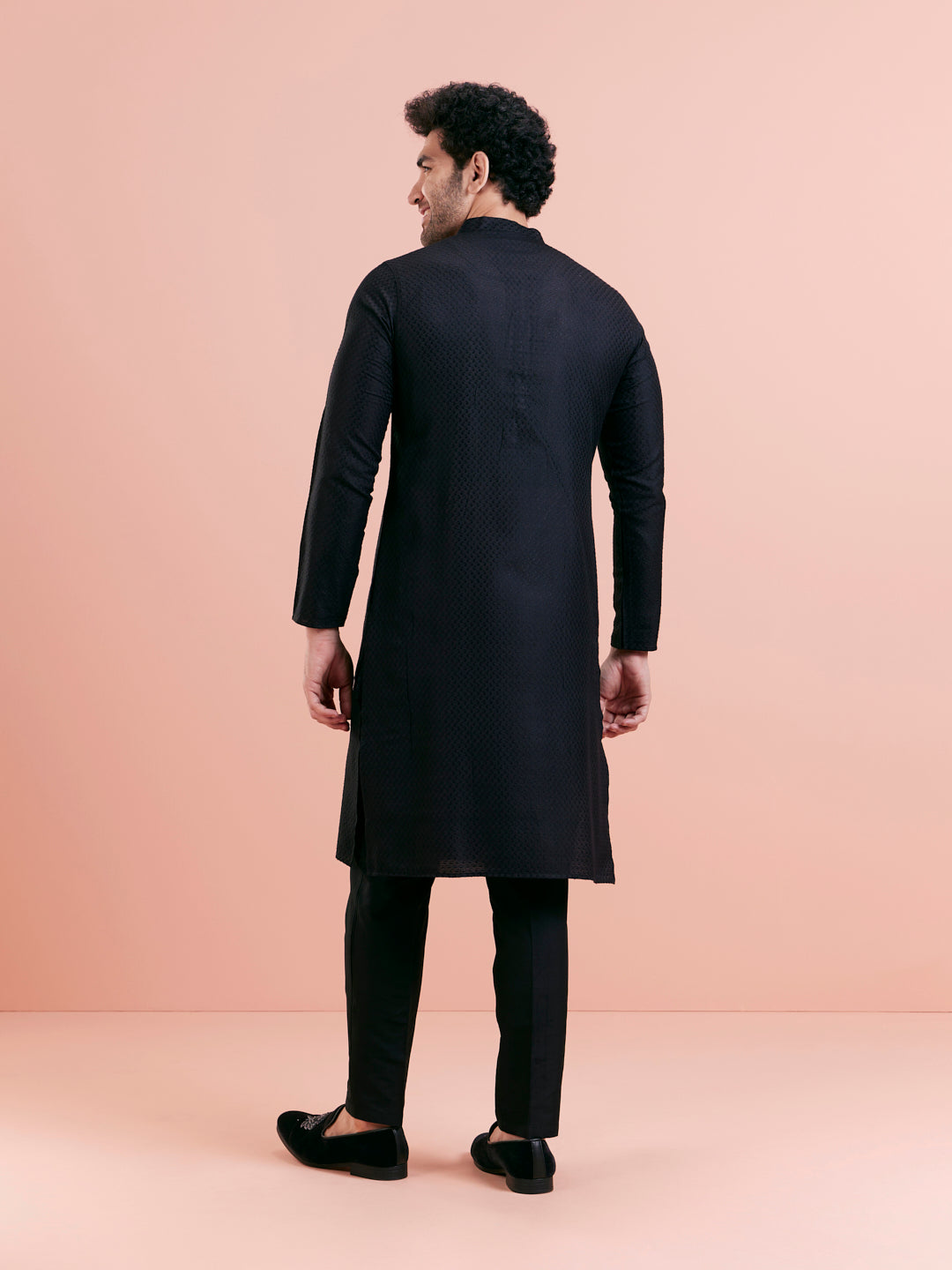 Black Cotton Self Textured Long Kurta | SHOBITAM