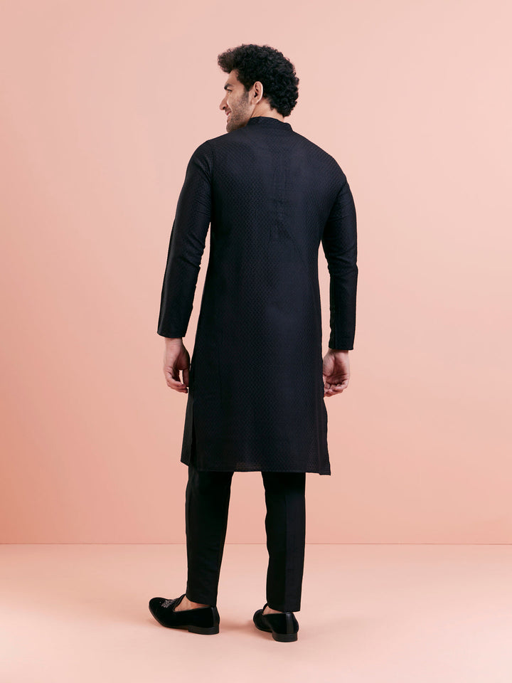 Black Cotton Self Textured Long Kurta | SHOBITAM
