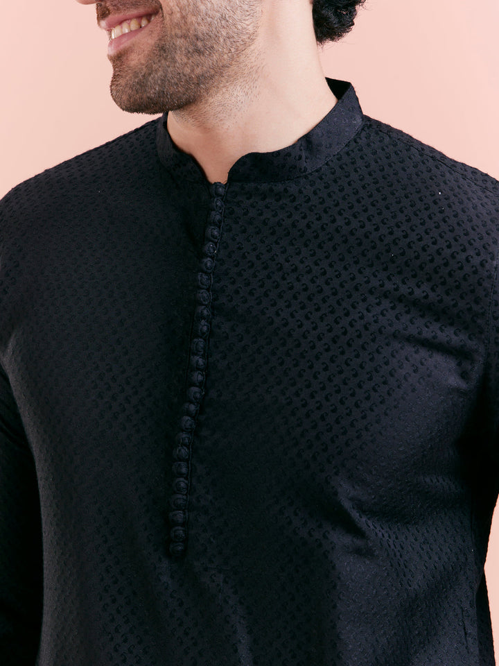Black Cotton Self Textured Long Kurta | SHOBITAM