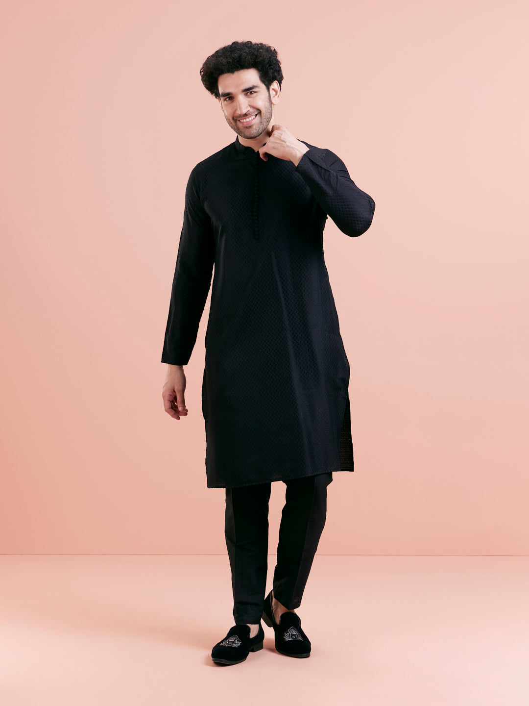 Black Cotton Self Textured Long Kurta | SHOBITAM