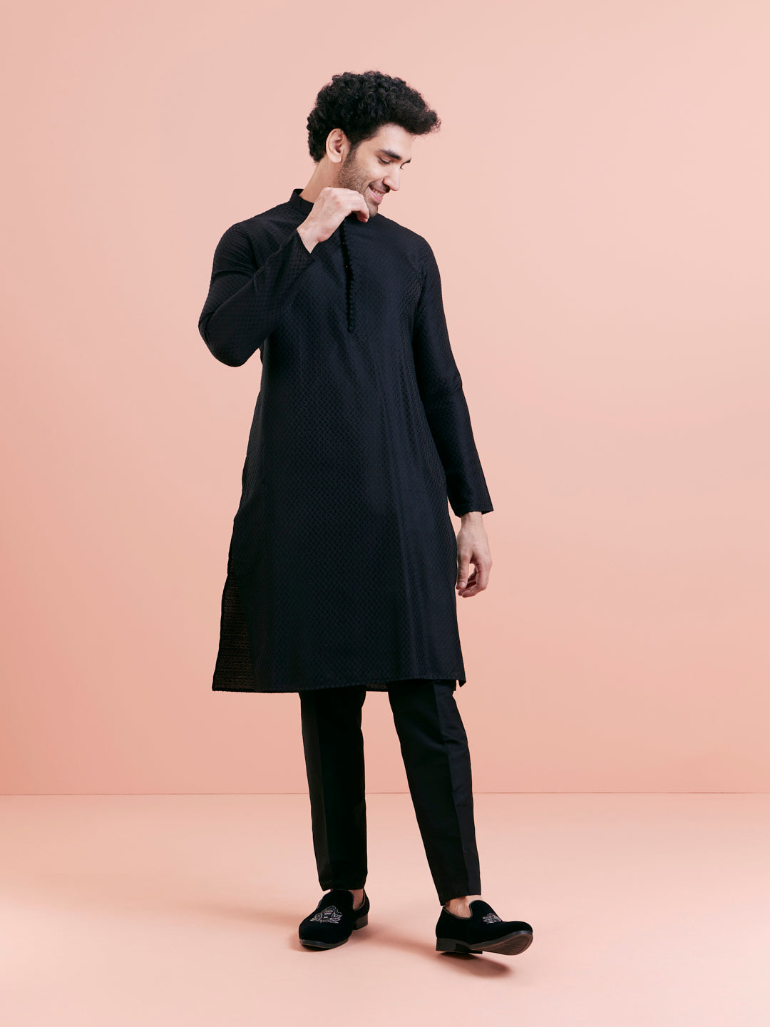 Black Cotton Self Textured Long Kurta | SHOBITAM
