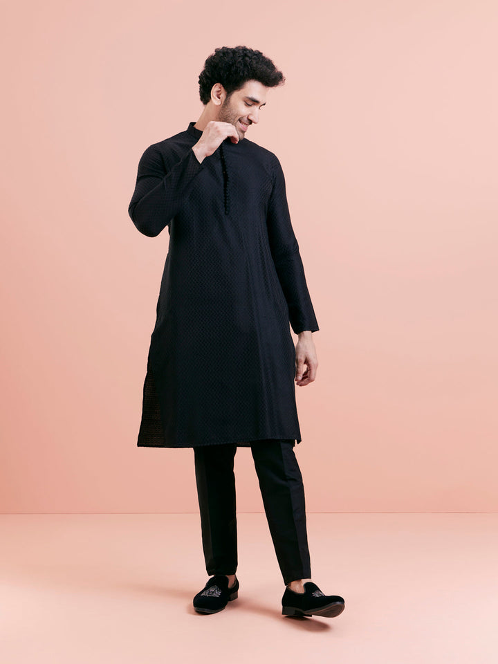 Black Cotton Self Textured Long Kurta | SHOBITAM
