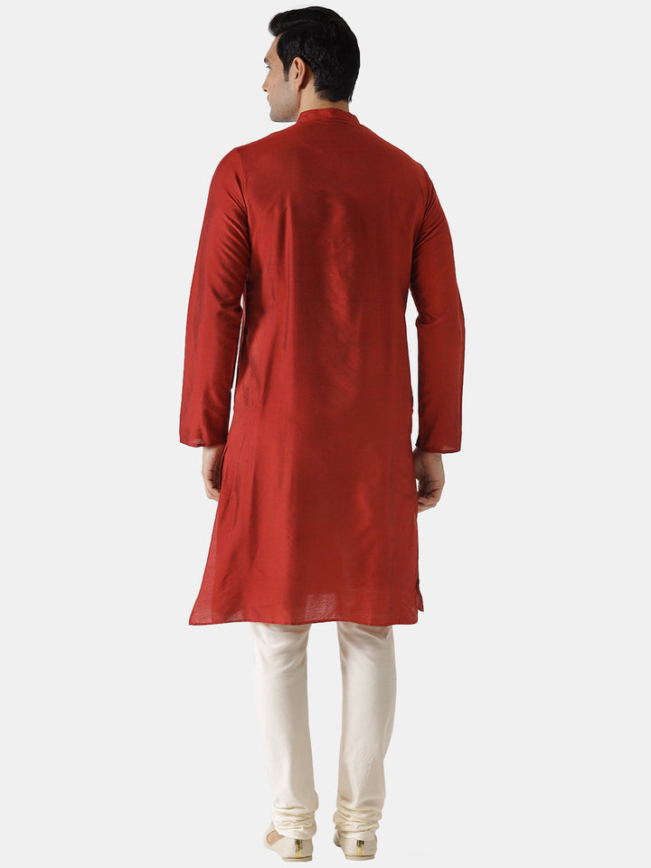 Men Red Solid Dyed Kurta | SHOBITAM