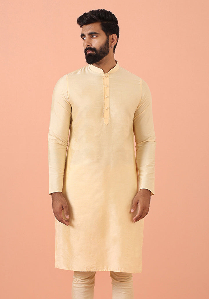 Beige Silk Blend Solid Long Kurta | SHOBITAM