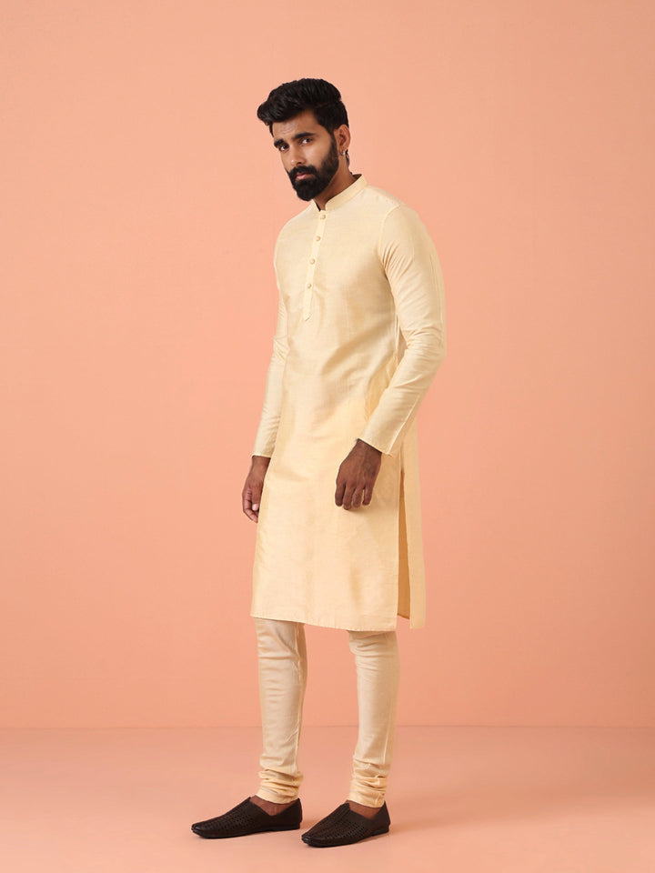Beige Silk Blend Solid Long Kurta | SHOBITAM