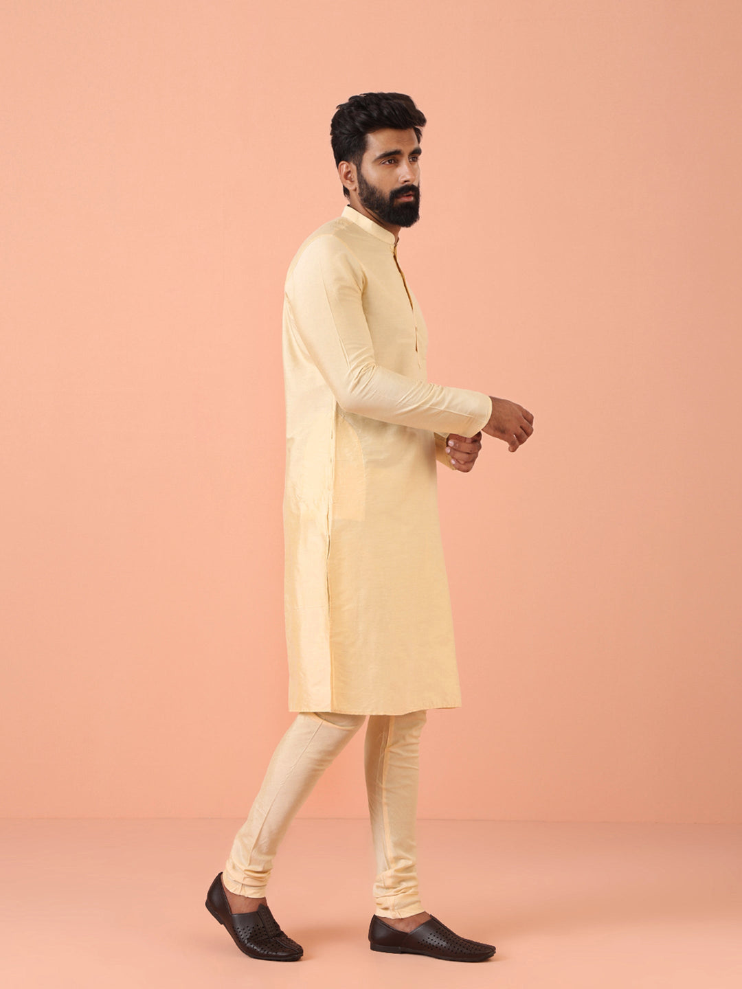 Beige Silk Blend Solid Long Kurta | SHOBITAM