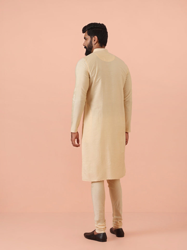 Beige Silk Blend Solid Long Kurta | SHOBITAM