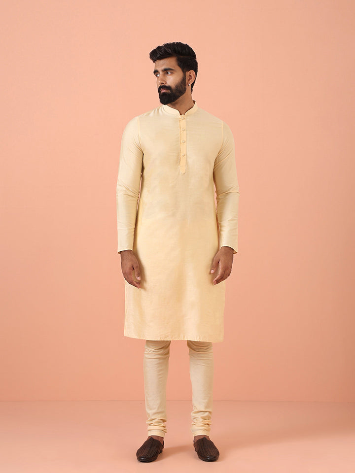 Beige Silk Blend Solid Kurta Churidar Set | SHOBITAM