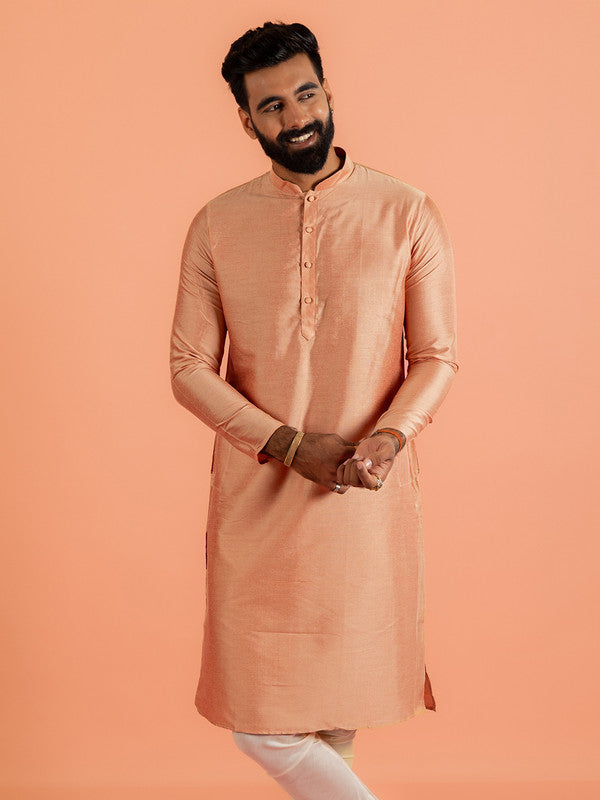 Peach Silk Blend Solid Kurta | SHOBITAM