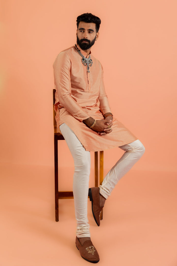 Peach Silk Blend Kurta set with Cream Churidar | SHOBITAM