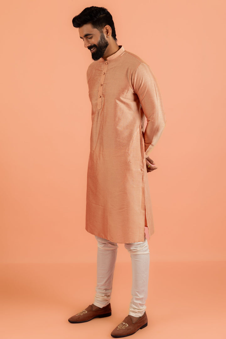 Peach Silk Blend Solid Kurta | SHOBITAM