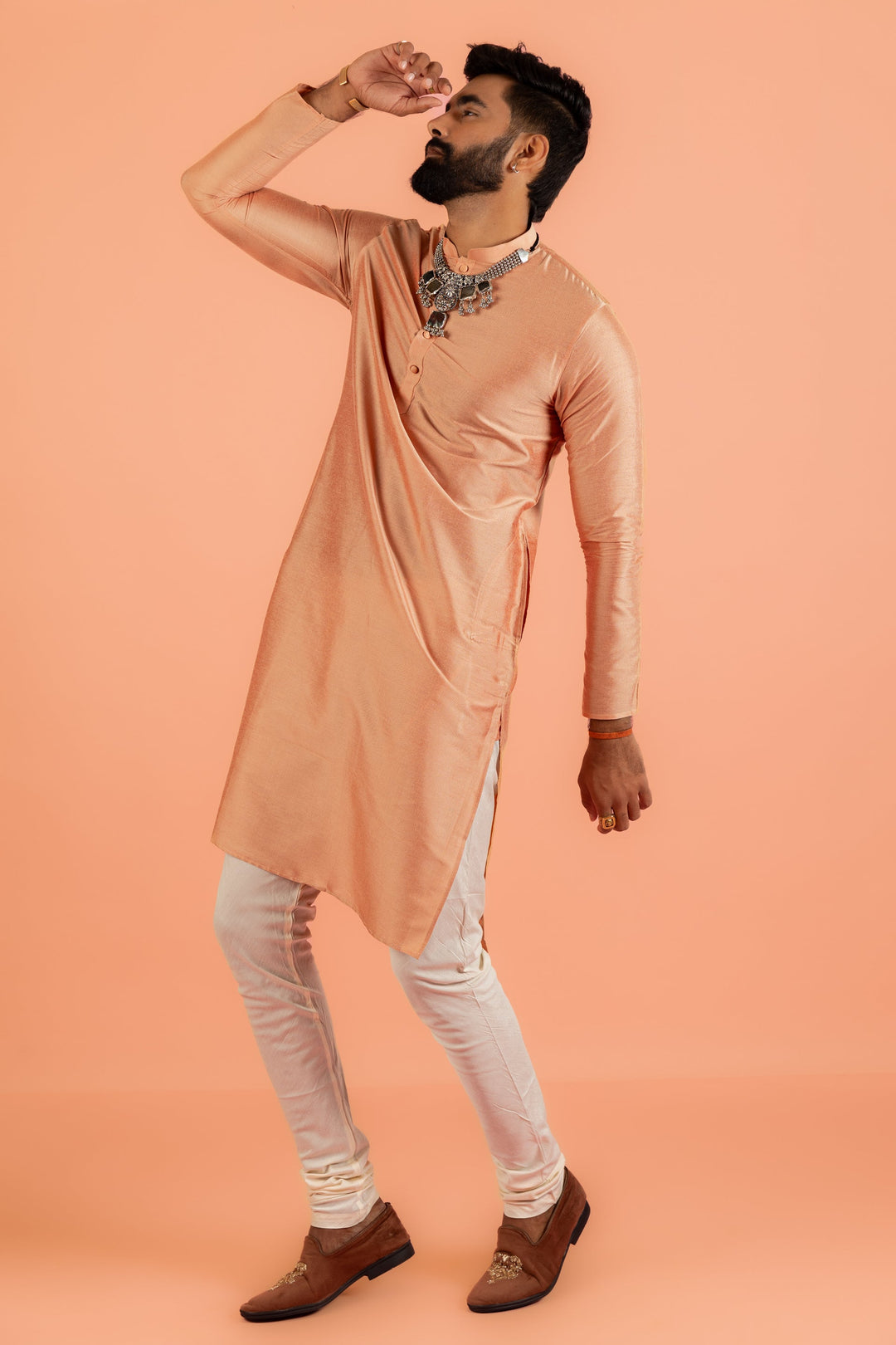 Peach Silk Blend Kurta set with Cream Churidar | SHOBITAM