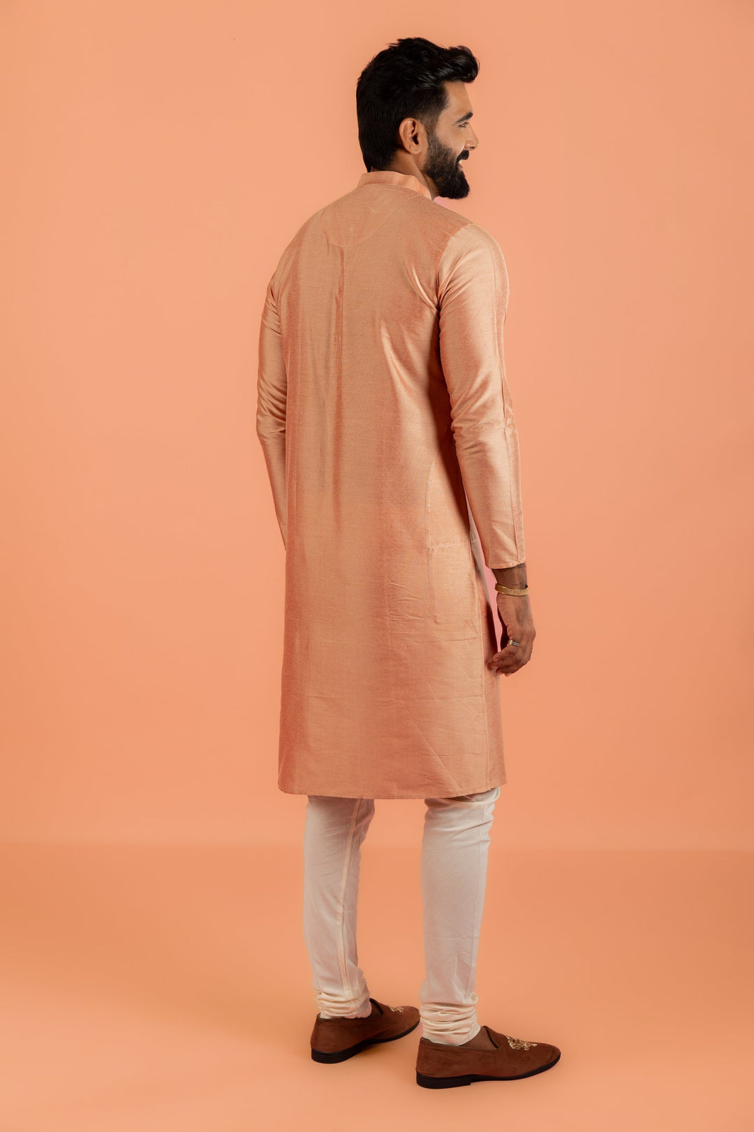 Peach Silk Blend Solid Kurta | SHOBITAM