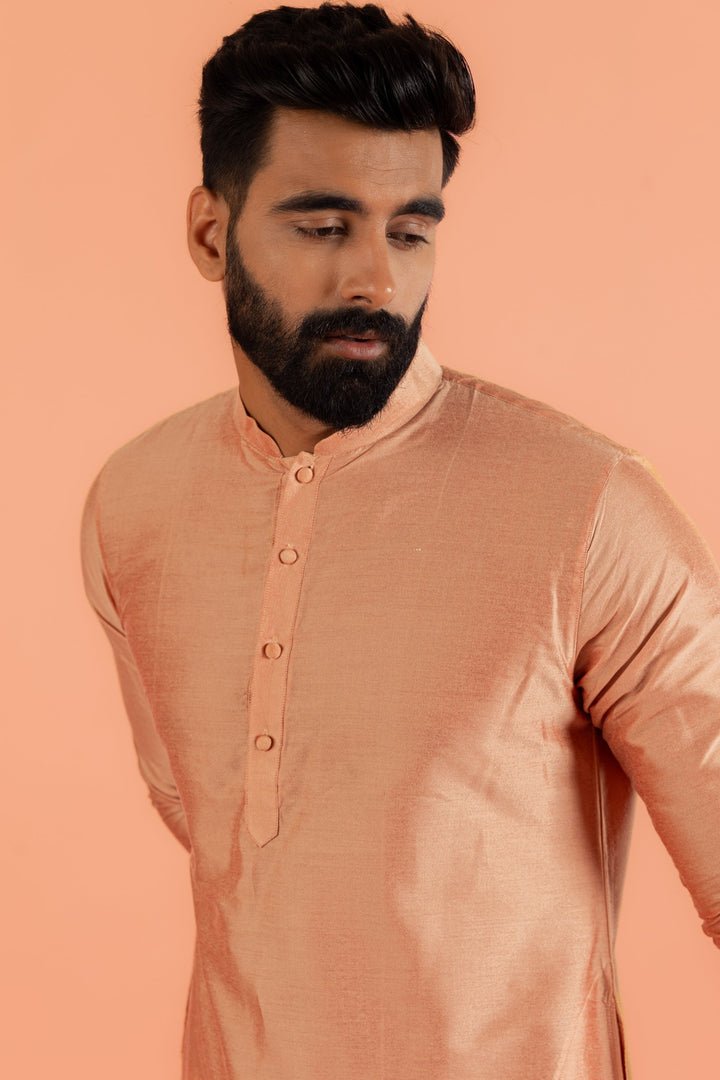 Peach Silk Blend Solid Kurta | SHOBITAM