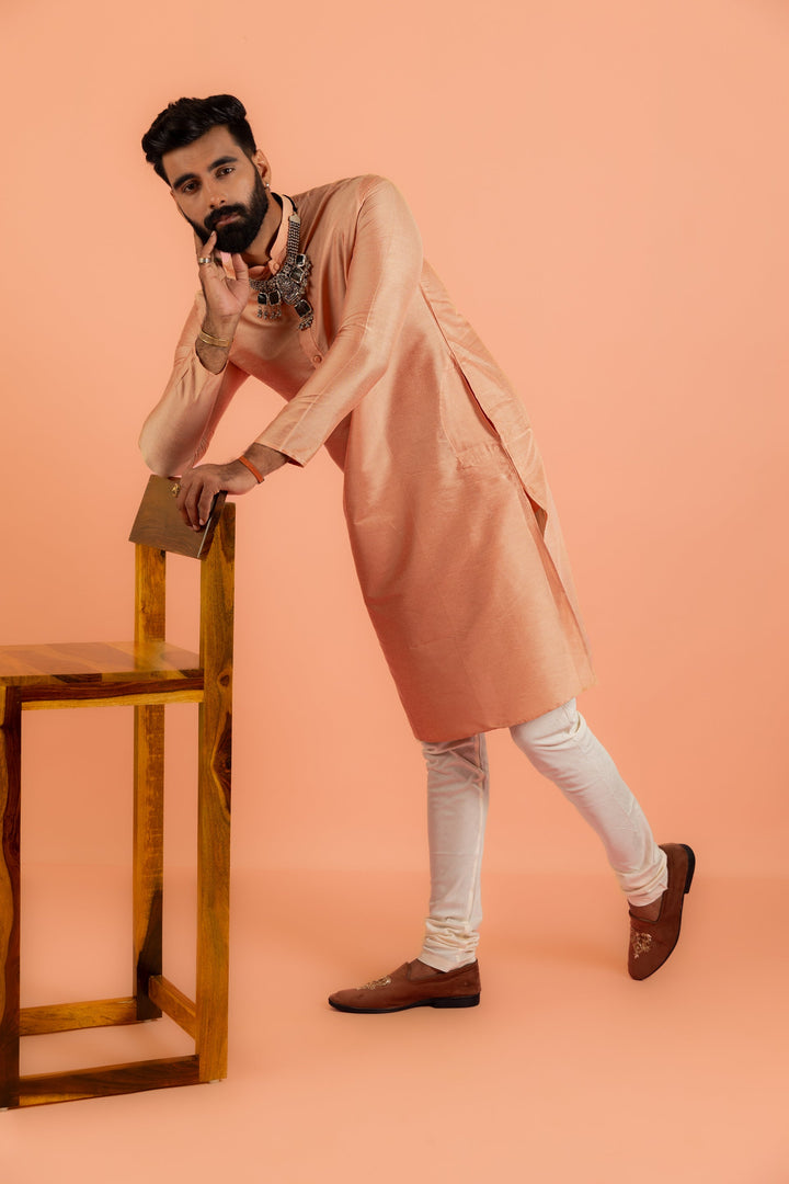 Peach Silk Blend Solid Kurta | SHOBITAM