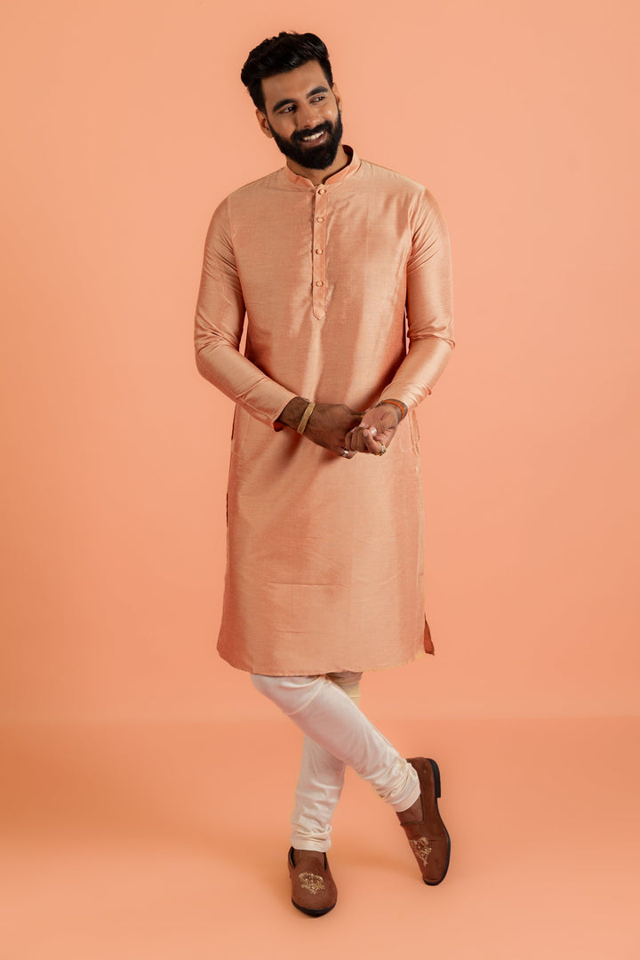 Peach Silk Blend Solid Kurta | SHOBITAM