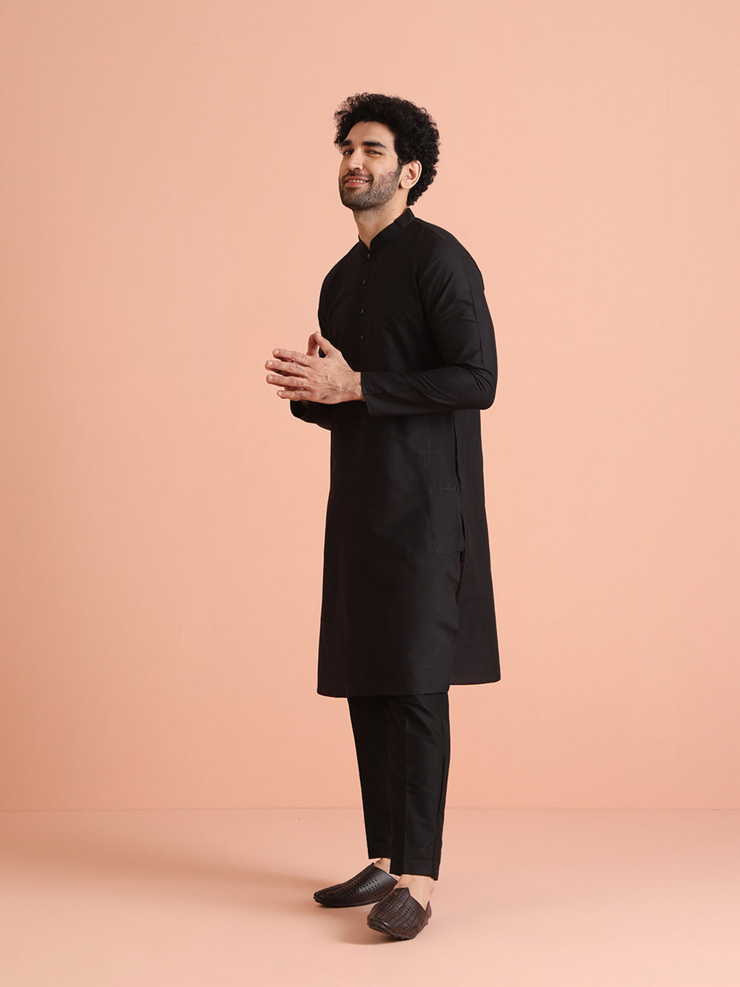 Black Cotton Silk Solid Kurta Trouser Set | SHOBITAM