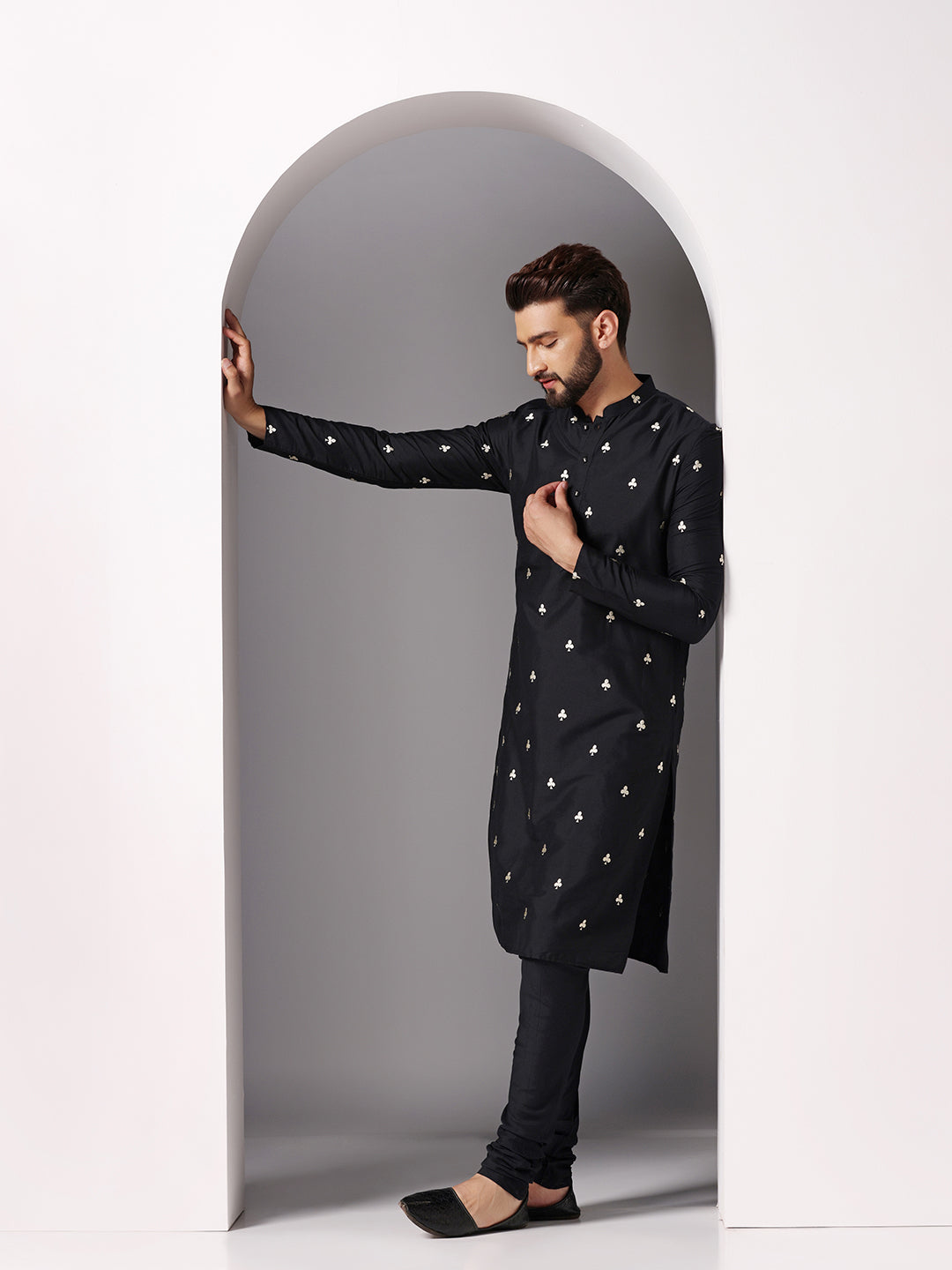 Black Embroidered Kurta Churidar Set | SHOBITAM